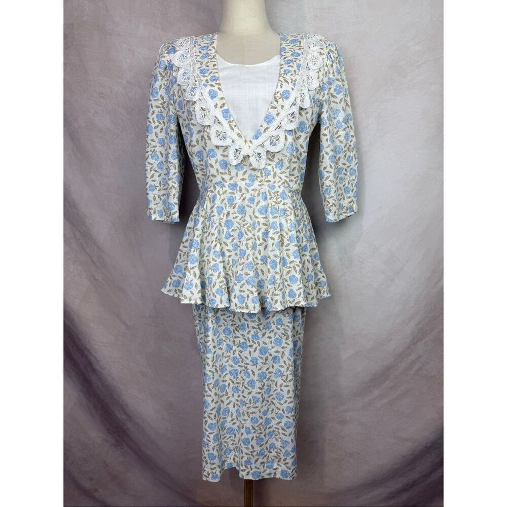 Vintage 1980s Blue Floral Peplum Dress Rose Positive Influence Size Small
